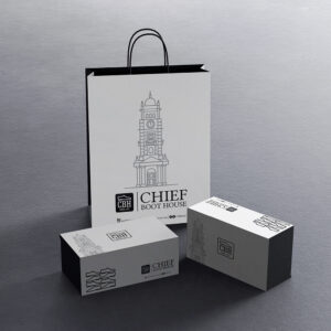 Chief Boot House shopping bag and shoe box design by Brand Impressions
