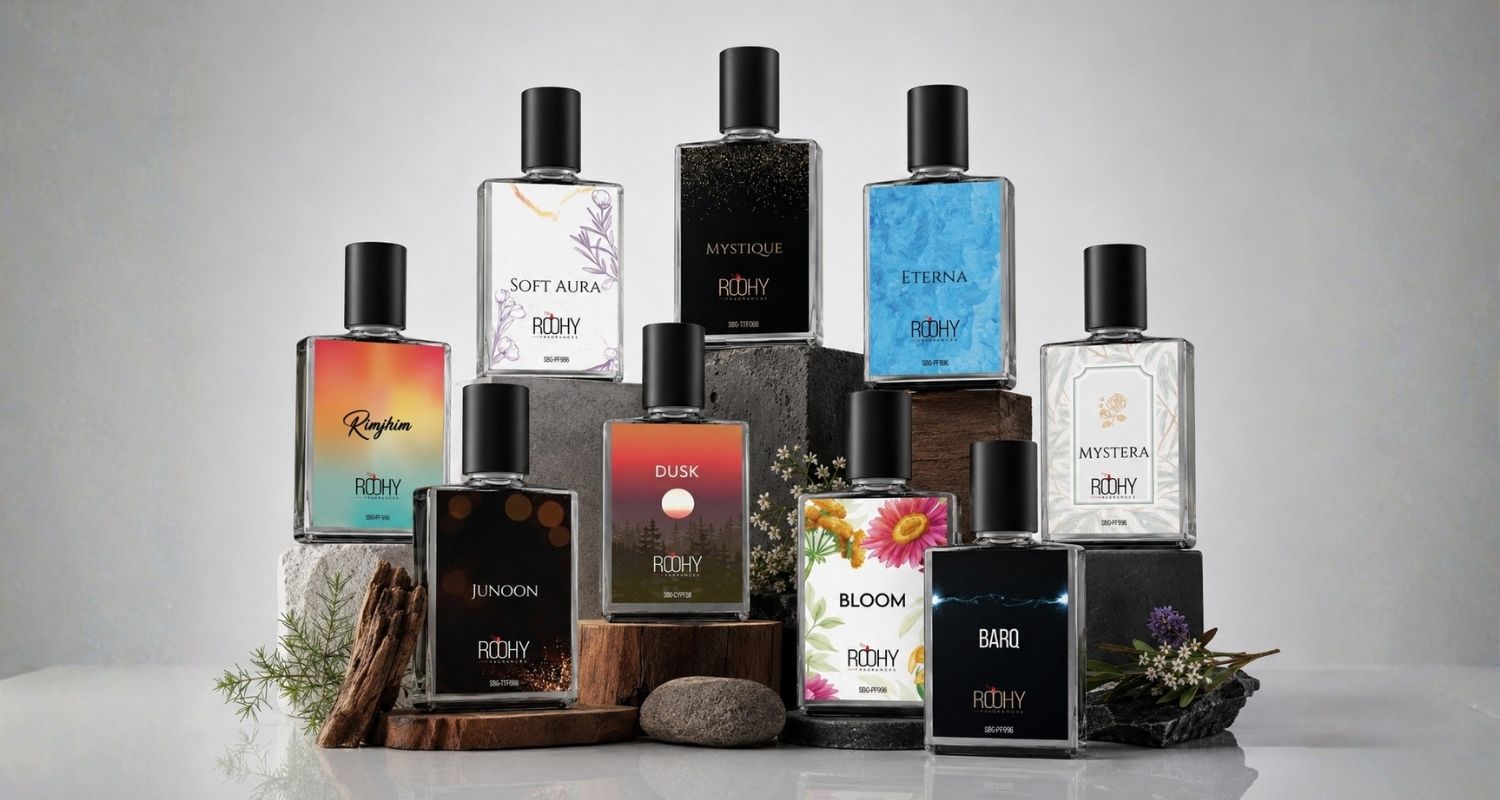 Roohy Fragrances bottle label packaging design by Brand Impressions